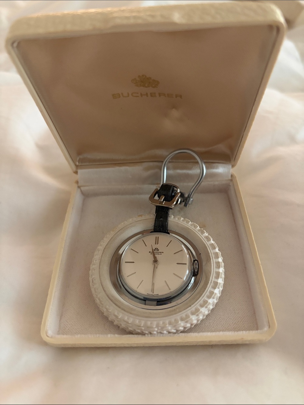 1960s Vintage Bucherer Swiss Mechanical Watch White Tire Keychain Original Box